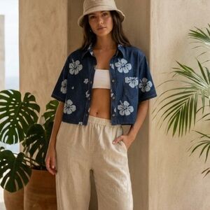 palmwave hawaii denim island tropical shirt hibiscus print vacation Coastal
